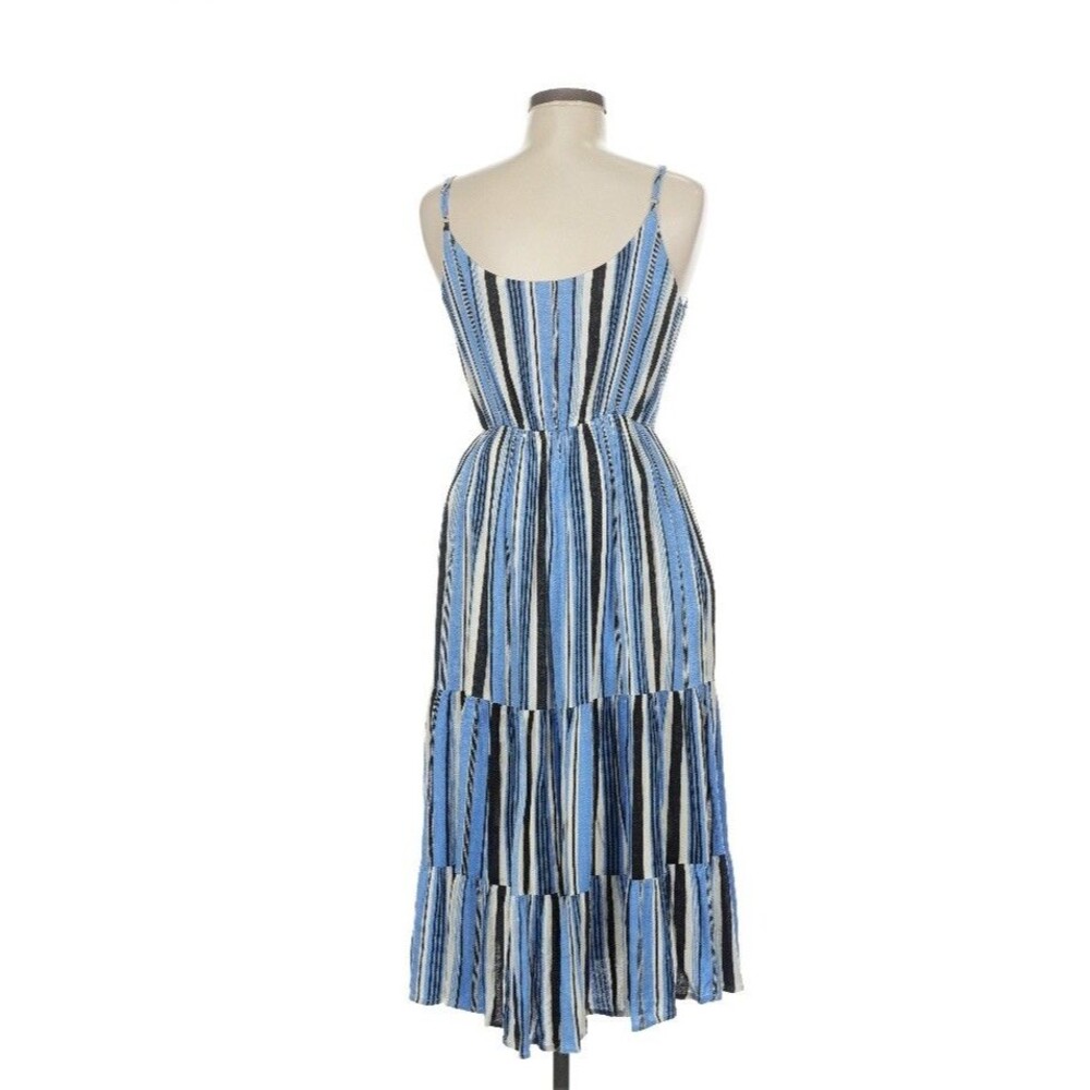 Joy Joy Blue Striped Tiered Sun Dress Boho Cottage Midi Dress Lined Medium - Picture 2 of 7